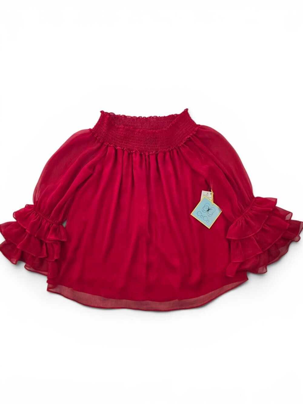 CeCe Red Sheer Ruffle Sleeve Smocked Off-shoulder Blouse NWT Medium Coquette